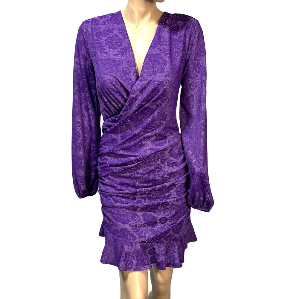 ZARA Women Long Sleeve Faux Wrap Ruched Ruffle Jacquard Mini Dress M Purple NWT